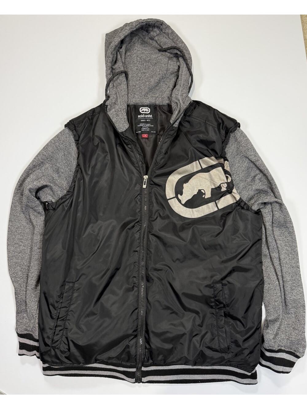 Ecko Mens Hybrid Hooded Zip-Up Jacket MED Windbreaker/Fleece Sleeve Large Logo